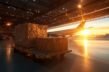 Massive cargo boxes sit on a carrier at the cargo loading zone in a large hangar, with a commercial airplane and captivating golden sunrise in the background.