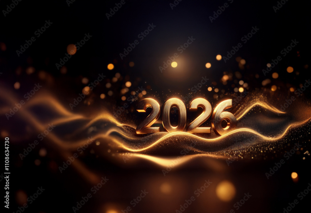 Poster golden 2026 numerals rest on shimmering, undulating waves. a luxurious, celebratory new year's image