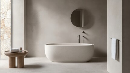 Fototapeta premium Minimalist Concrete Oval Bathtub in Modern Bathroom