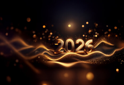 Golden 2026 numerals rest on shimmering, undulating waves.  A luxurious, celebratory New Year's image, glowing with festive light.