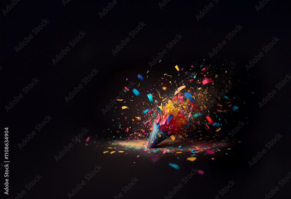 Poster A burst of colorful confetti explodes from a party hat against a dark background, creating a vibrant, celebratory scene.  The image captures the dynamic motion and energy of a festive moment.