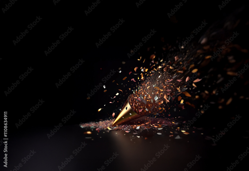 Poster A metallic gold party cone erupts with a burst of colorful confetti, exploding against a dark background.  The image showcases dynamic movement and celebration.