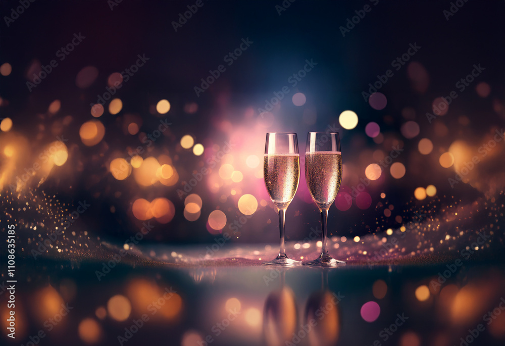 Poster two champagne flutes filled with sparkling wine sit on a glittery surface against a bokeh background