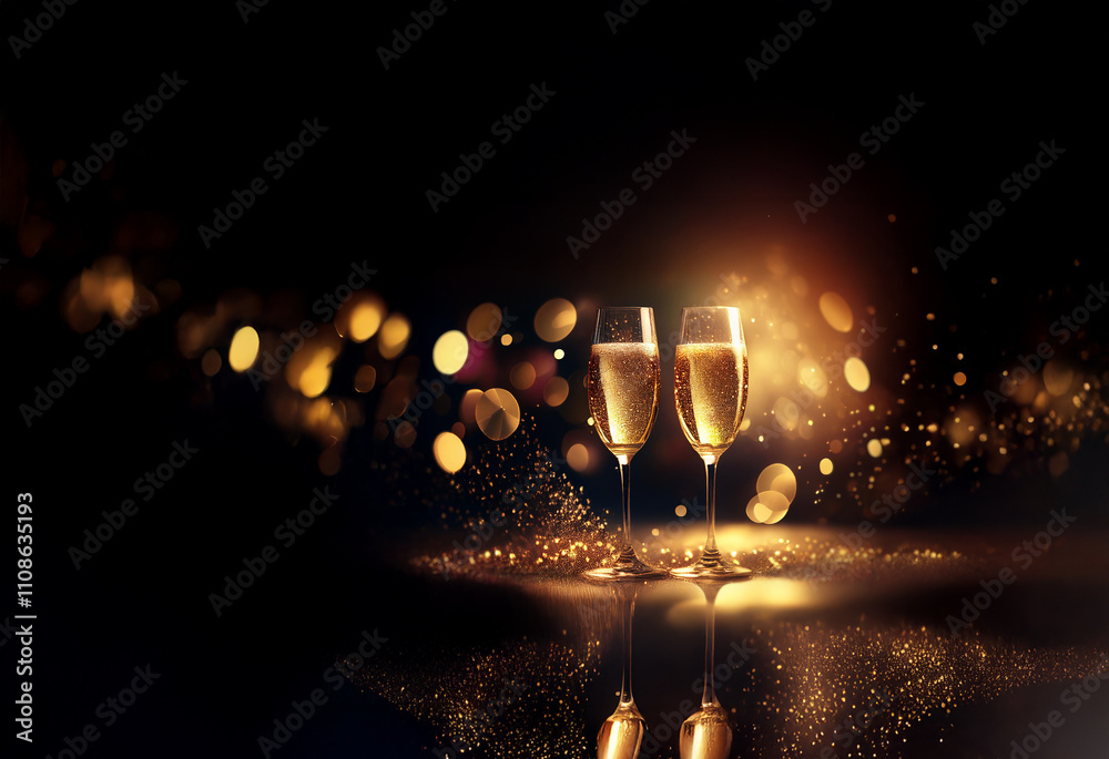 Poster two champagne flutes filled to the brim, sparkle against a bokeh background of warm gold and deep br