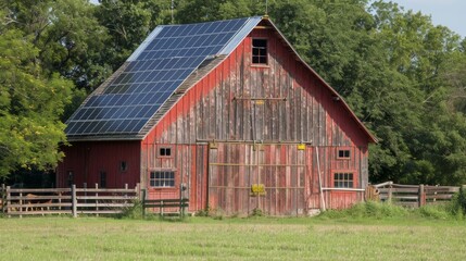 Obraz premium A rustic red barn with a large solar panel roof providing power for the farms electric fencing keeping livestock safe and contained.