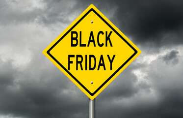 Yellow highway sign with dark storm clouds for BLACK FRIDAY
