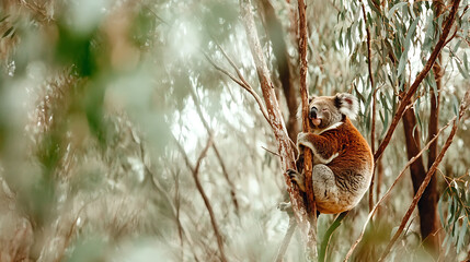 Obraz premium Koala Climbing Eucalyptus Tree Australian Forest Wildlife Photography Natural Habitat Close-Up View Conservation Awareness