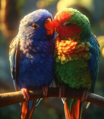 Obraz premium two colorful lovebirds, one blue and the other green