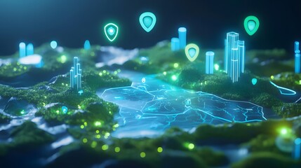 A holographic map with 3D terrain and floating icons, surrounded by glowing blue and green lights in a futuristic setting.