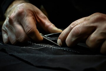 A man is cutting a piece of fabric with a pair of scissors