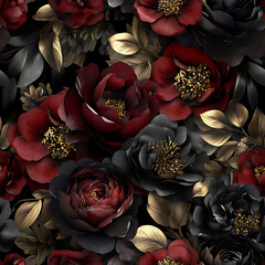 Elegant floral arrangement featuring dark red and gold blooms on a black background creating a rich contrast