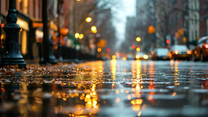 a city street in rainy weather. The water on the asphalt reflects the light of the street lamps