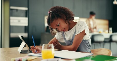Child, elearning and family home with tablet, online course and writing notes for education or study. Young girl and student on technology for knowledge, development and growth in math or creativity
