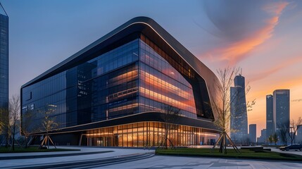Fototapeta premium Modern Glass Building Sunset Cityscape Reflection