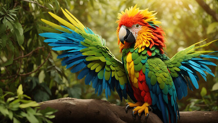 Obraz premium A colorful parrot with outstretched wings perched on a branch in a lush green jungle.