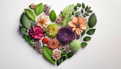 Obraz premium The shape of a heart drawn with a multitude of leaves and colorful flowers on a white background - Valentine's Day - Lovers' Day - Spring is coming