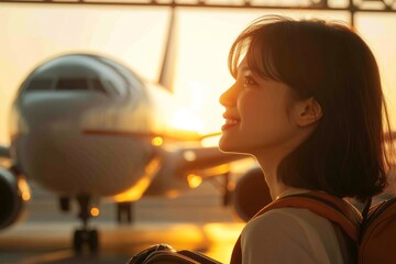 A joyful traveler smiles joyfully with an airplane in the background, bathed in the warm hues of a sunrise, representing new beginnings and excitement.