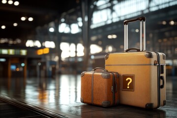Two suitcases, one small and one large, stand on a reflective airport floor with a question mark symbol, evoking mystery and travel in a modern environment.