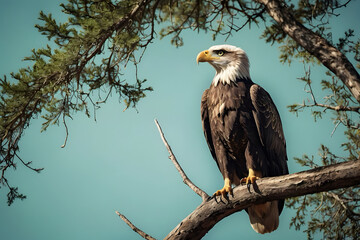 A majestic eagle perched confidently on a sturdy branch at the very top of a towering tree