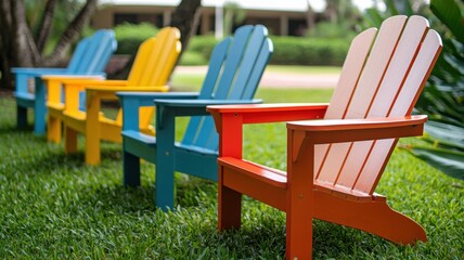 Colorful adirondack chairs arranged on a grassy area, creating a vibrant outdoor seating space perfect for relaxation and enjoyment.