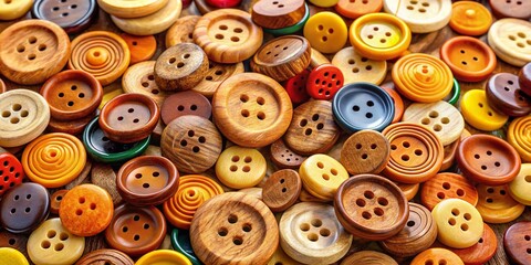 Obraz premium Panoramic Wooden Buttons, Bright Background, AI Photo