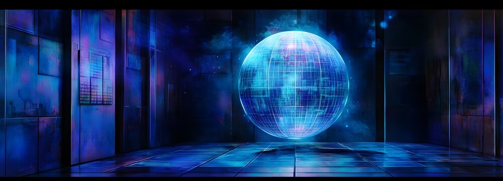 A holographic rotating globe with dynamic lighting effects and glowing grids, floating in a futuristic setting with dark, ambient tones.