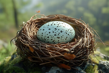 Obraz premium A realistic depiction of a single eagle egg resting in a meticulously crafted nest