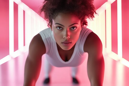 A focused female athlete in a white outfit is performing a push-up within a vibrantly lit, neon-colored hallway, emphasizing strength, determination, and focus.