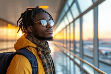 A contemplative individual wearing glasses and a scarf gazes out of an expansive, sunlit airport window, embodying anticipation, introspection, and future travel plans.