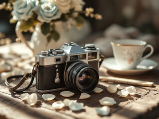 Vintage Camera on a Rustic Table Surrounded by Flowers and a Cup of Tea