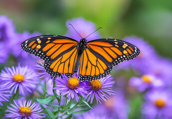 Obraz premium An orange and black monarch butterfly rests on purple flowers