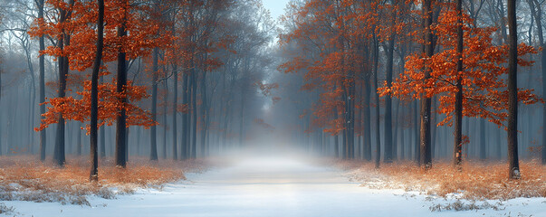 Snowy path through a misty forest with orange-leaved trees.