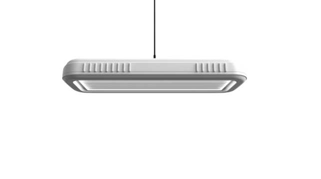 Rectangular LED High Bay Light with Metal Sheet Design, Rounded Top Corner, and Elongated Bottom Edge with Slits.