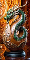 Fototapeta premium Intricate Green Dragon Sculpture With Floral Embellishments