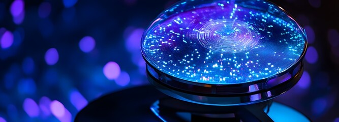 A holographic display of a rotating 3D satellite, glowing with blue and purple lights in a dark, digital setting.
