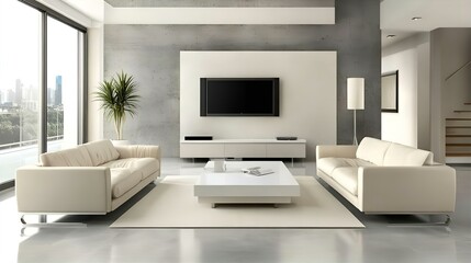 Obraz premium Modern Living Room Interior Design: Sleek White Sofas, Concrete Wall, City View