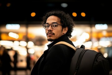 Fototapeta premium A thoughtful traveler with glasses and a backpack gazes intently at the glowing airport lights, encapsulating anticipation and introspection.