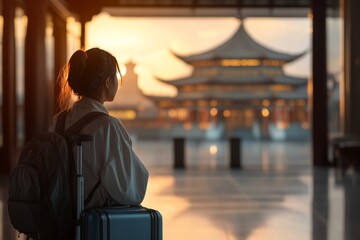 Naklejka premium A traveler stands in an airport terminal, gazing out at a majestic pagoda bathed in the warm glow of the sunset, with a suitcase by her side, poised for adventure.