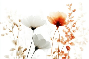 Naklejka premium This image features abstract floral elements delicately arranged in white and orange tones, blending subtle forms and textures for a tranquil, nature-inspired composition and style.