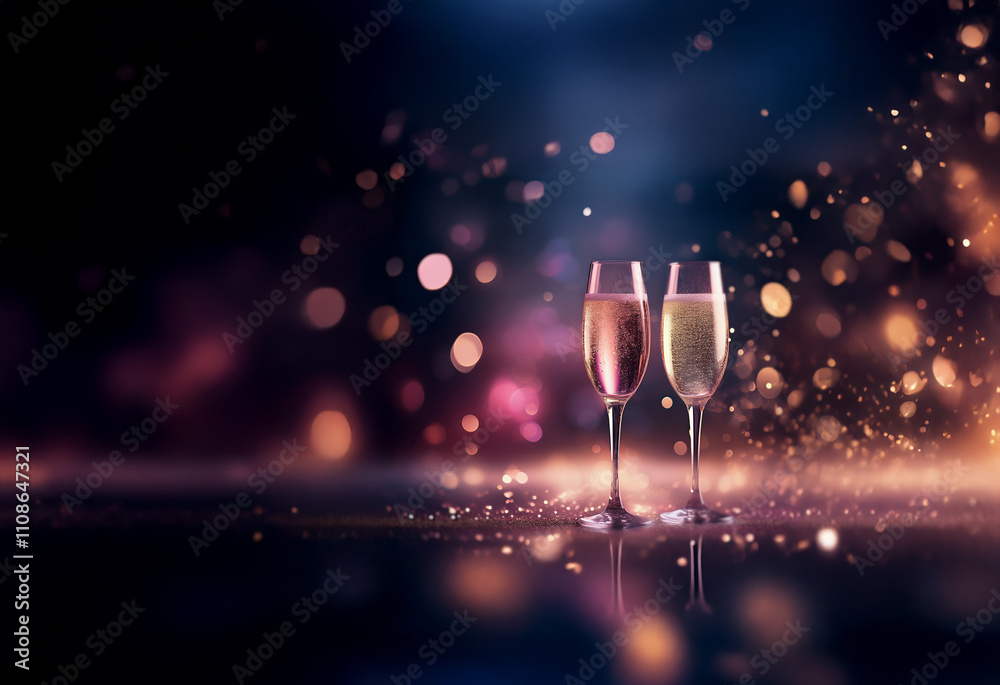 Poster two champagne flutes, one rose and one gold, stand on a sparkling surface against a bokeh background