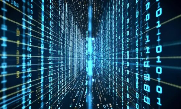 A digital tunnel filled with glowing blue binary code, representing data flow and technology, creating a futuristic and immersive visual experience.