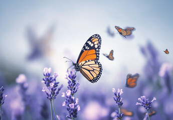 Obraz premium Monarch butterflies flit among lavender flowers. Soft light and gentle colors