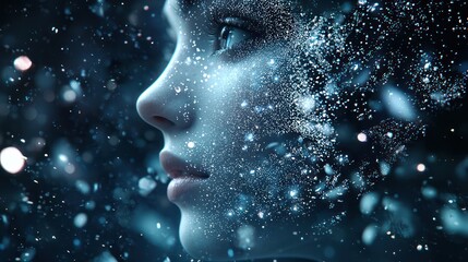 Obraz premium A close-up of a woman's profile surrounded by a mesmerizing swirl of shimmering particles, resembling a mystical and ethereal atmosphere.
