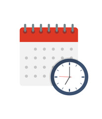 Obraz premium Calendar with clock icon. Vector flat cartoon illustration