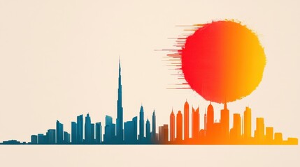Obraz premium Vibrant Minimalist Dubai Skyline with Colorful Sun