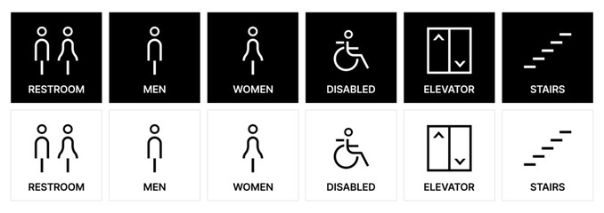 Universal Public Signage Icons for Restrooms, Accessibility, Elevators, and stairs. Male and female gender icon and symbols. disabled icon. toilet icons and public pictogram.