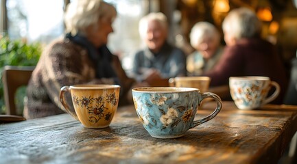 Group of seniors enjoying a cheerful tea party and socializing together in a cozy living room during a visit