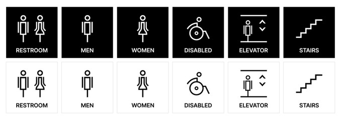 Universal Public Signage Icons for Restrooms, Accessibility, Elevators, and stairs. Male and female gender icon and symbols. disabled icon. toilet icons and public pictogram.