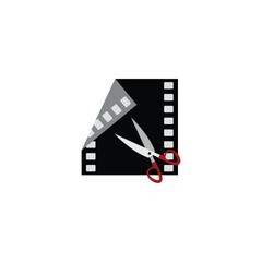 Fototapeta premium Video Editing Cut Post-production - Symbol, video editing emblem ,scissors and film strip, black isolated silhouette.