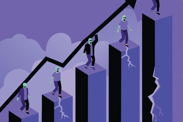 A cracked, decaying bar chart illustrating declining economic growth, juxtaposed with a decaying zombie figure representing economic hardship.